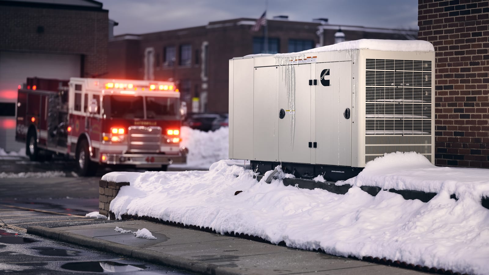 A Cummins enclosed standby generator iced over on its pad outside a fire station, with an engine pulling out behind it