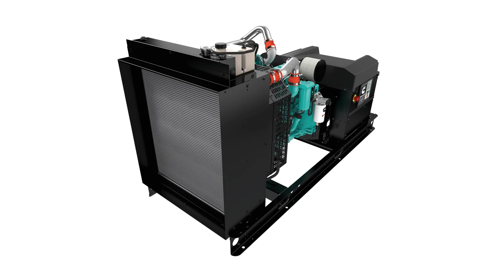 A Cummins open-frame diesel generator set on a steel skid with the radiator, engine and control panel exposed and no enclosure