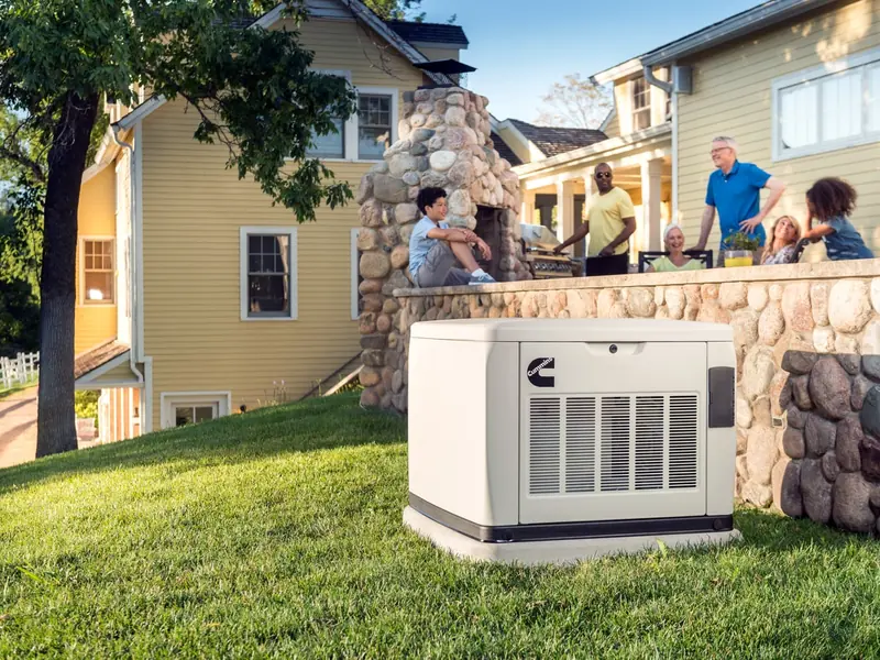 Cummins QuietConnect air-cooled standby generator on a concrete pad beside a family home